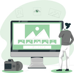 A person designing a graphic on a computer with a camera nearby