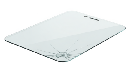 Broken glass smartphone screen protector with a prominent circular impact crack