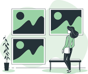 Woman contemplating abstract art in a serene gallery environment from a side viewpoint