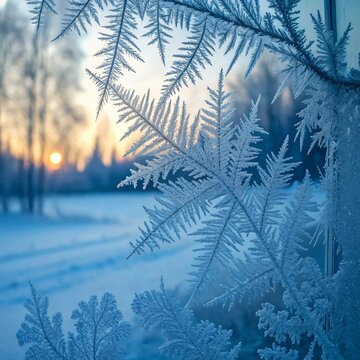 Intricate ice crystals form fern like patterns on a window pane against a blurred winter landscape at sunrise