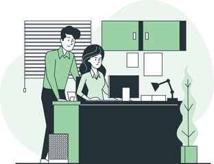 A man and woman collaborating at a desk in a modern office environment