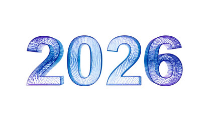 Stylized, illuminated numerals 2026, blue-purple on black background