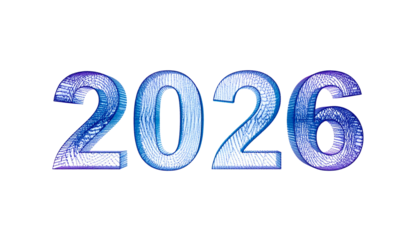 Stylized, illuminated numerals 2026, blue-purple on black background