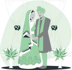 Illustration of a couple in traditional attire standing together under a decorative canopy