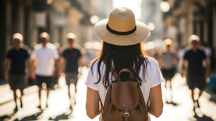 Woman walking down a busy street.