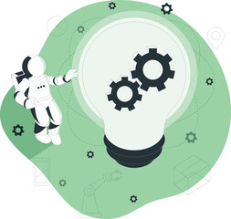 Astronaut interacts with large lightbulb containing mechanical gears in a technological environment