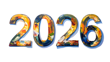 Stylized, colorful year "2026" with textured brushstrokes against black
