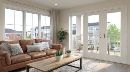 Spacious living room with leather sofa and balcony view.