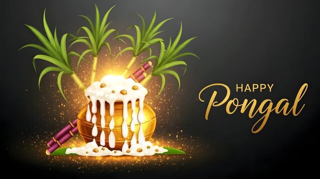 Happy Pongal celebration with traditional sweet rice pudding and sugarcane glowing with festive 4K Ai HD high quality video.
