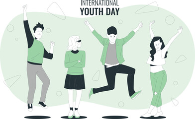Young people celebrating International Youth Day with joyful gestures and lively poses in a vibrant illustration