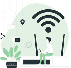 A person sits on a bench using a device under a Wi-Fi signal