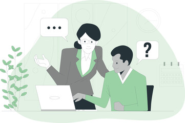 Two professionals collaborating on a laptop project in a modern office setting with thoughtful expressions