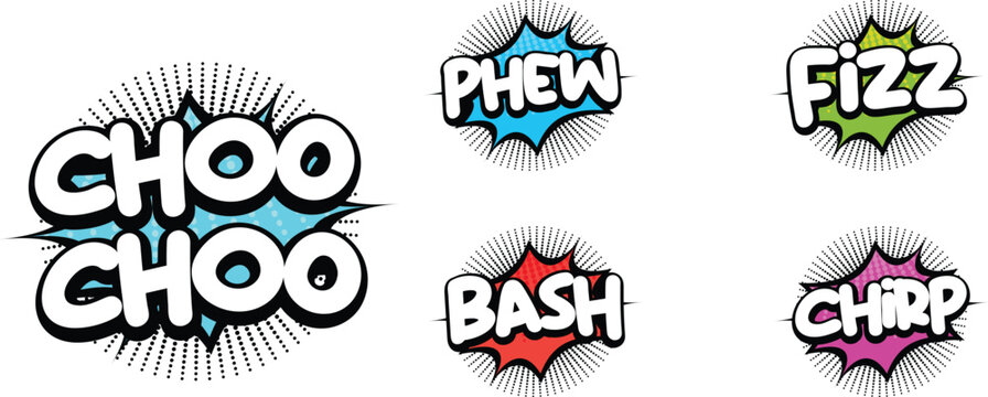 Comic Sound Effect Text Bubbles Choo Choo Phew Fizz Bash Chirp Vector Set