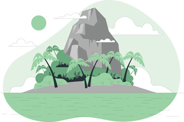 A serene island landscape with palm trees and a majestic rock formation surrounded by calm waters and a clear sky.