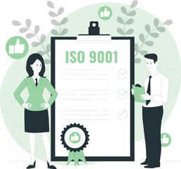 Professionals reviewing ISO 9001 certification on a large clipboard with quality icons and leaves surrounding them