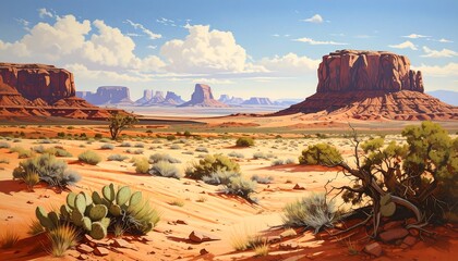Vast landscape with towering sandstone formations, arid plains, scattered vegetation, under a sunny blue sky