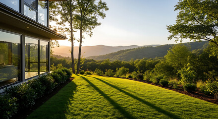 Obraz premium House with large windows overlooking a green lawn and distant mountains at sunset or sunrise view