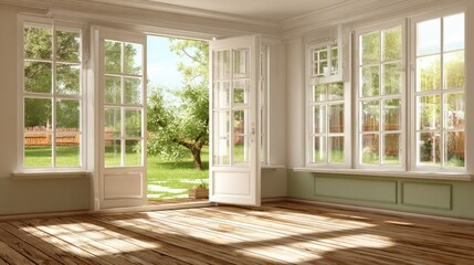 Bright room with open doors and windows revealing a sunny garden.
