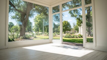 Empty room with bright sunlight streams through large windows onto a garden.