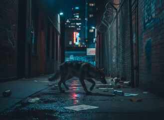 Coyote walking through a dark city alley at night with red and blue neon lights reflecting on the wet ground. Urban wildlife concept.
