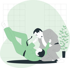 Two men practicing martial arts together in a serene indoor environment with a potted plant nearby