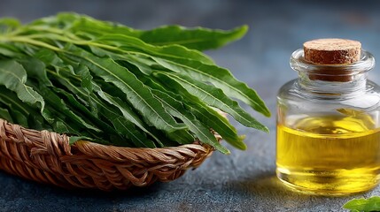 Close-up Shot of Neem Leaves in Basket with Neem Oil Bottle Promoting Herbal Healthcare