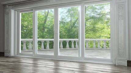 Elegant sliding glass doors open to a sunny balcony with lush trees.