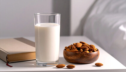 bedtime routine with almond milk and almonds next to a book on a nightstand for healthy lifestyle content and relaxation