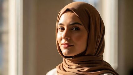 Young woman wearing brown hijab indoors.