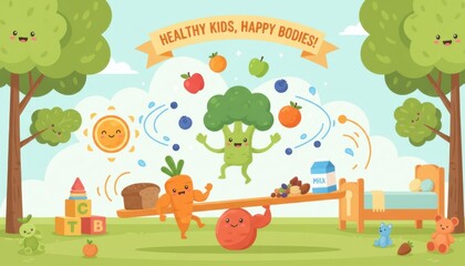 Obraz premium Healthy Kids Enjoying a Seesaw Balanced with Nutritious Broccoli and Carrot Characters, Promoting Healthy Eating