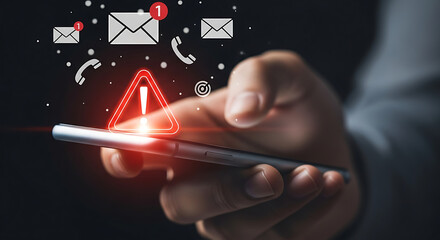 Digital Alert Holding Smartphone with Red Warning Triangle Notifications Error