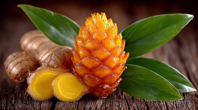 Close-up studio shot of ginger rhizome, Zingiber zerumbet flower, and leaves on wooden surface