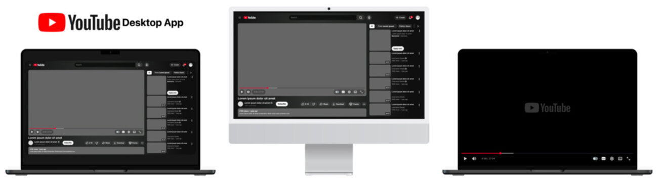 YouTube Web Desktop App UI design in dark mode, shown on MacBook Pro and iMac, presented as clean vector designs with transparent background for modern desktop video streaming interface.