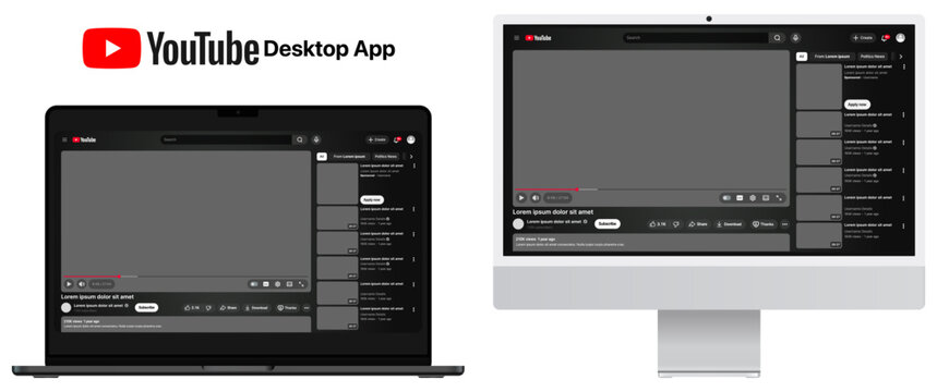 YouTube Web Desktop App UI design in dark mode, shown on MacBook Pro and iMac, presented as clean vector designs with transparent background for modern desktop video streaming interface.