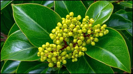 Close-up vibrant plant with glossy leaves and clusters of small yellow flowers creating a natural