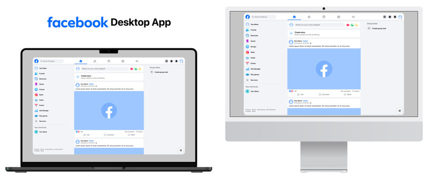 Facebook Web Desktop App UI design in dark mode, shown on MacBook Pro and iMac, presented as clean vector designs with transparent background for modern desktop social media interface.