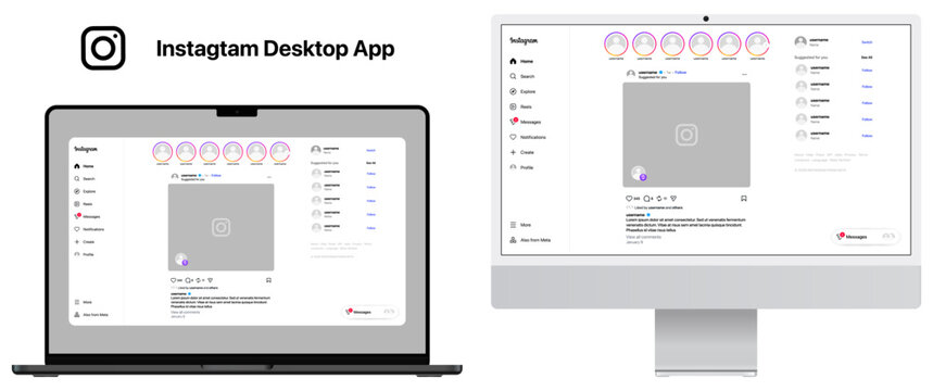 Instagram Web Desktop App UI design in light mode, shown on MacBook Pro and iMac, presented as clean vector designs with transparent background for modern desktop social media interface.