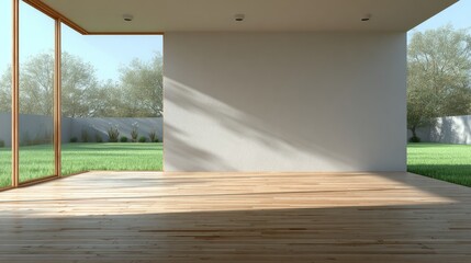 Minimalist room with wooden floor and garden view.