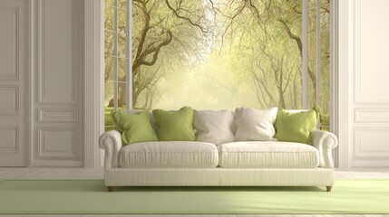 Elegant sofa in a bright room with a scenic park view.