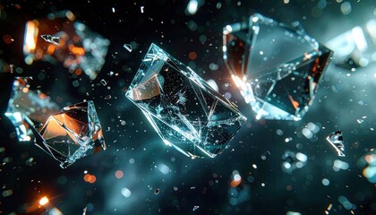 Shattered glass shards and crystal fragments flying in dark space with glowing bokeh lights and debris effect
