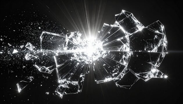 Dramatic black and white image of glass exploding into many fragments from a central point of intense bright light