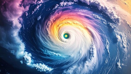 Swirling rainbow colored hurricane eye viewed from space showing vibrant spiral clouds and intense atmospheric pressure
