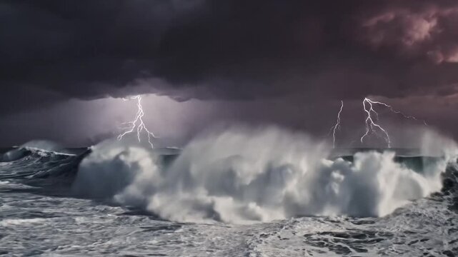 Intense Ocean Storm: Crashing Waves, Dark Clouds, and Striking Lightning