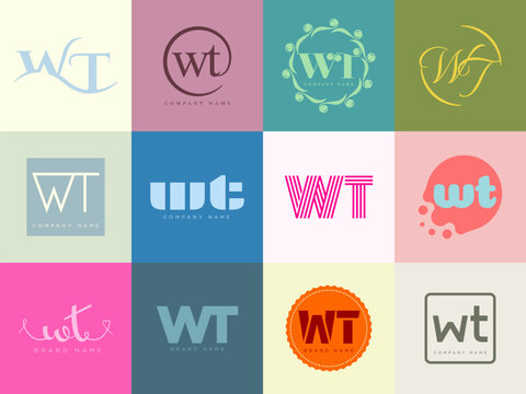 WT logo company template. Letter w and t logotype. Set different classic serif lettering and modern bold text with design elements. Initial font typography.
