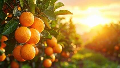 Bunches of ripe oranges hanging on tree branches in sunlit grove during golden hour with blurred orchard background