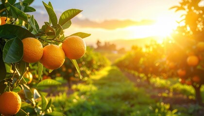 Sunlight shining through orange tree branches in lush grove with ripe citrus fruits hanging against golden sunset sky landscape