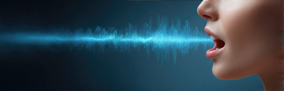A woman's profile reveals an open mouth and a blue sound wave emerging from it