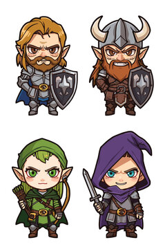 Four Chibi Style Fantasy Warriors RPG Characters Knights Archers Rogues.