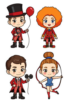Cute Circus Performers Ringmaster Acrobat Magician Clown Characters.
