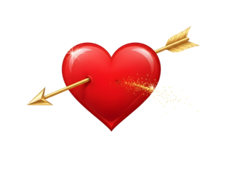 Red heart pierced by golden arrow isolated on transparent background